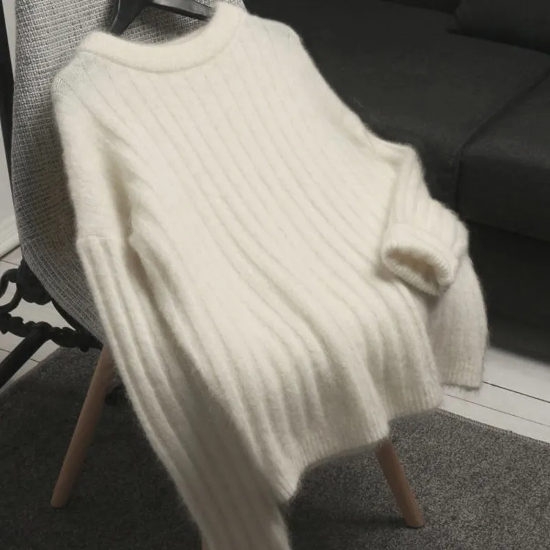 Autumn Winter Sweater Women O-Neck Pullover Mohair Pull Femme Hiver Thicken White Black Warm Jumper C5133 | Женская одежда