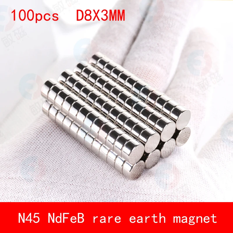 100PCS D8*3mm N45 strip Strong NdFeB rare earth permanent magnet plating Nickel Diameter 8X3MM | Magnetic Materials