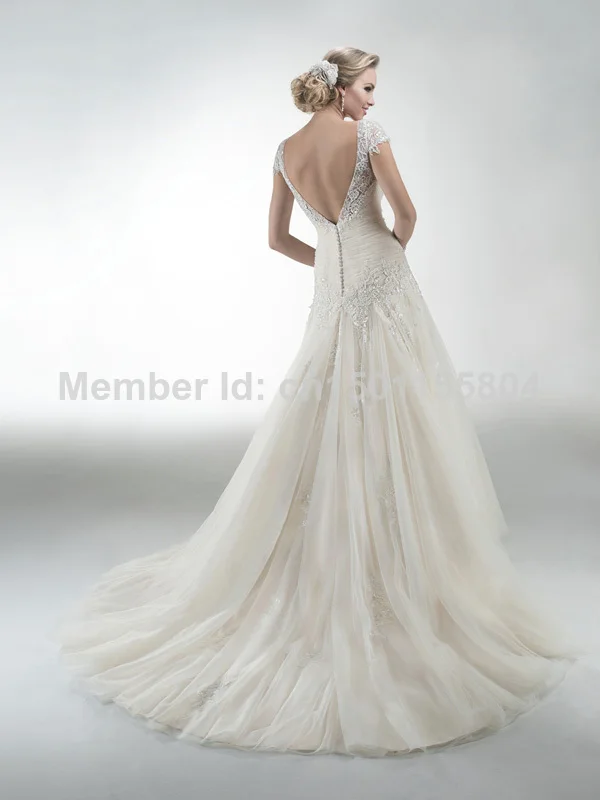 Custom V-neck Poretrait Cap Sleeve Court-Sleeve Court Train Floor-Length A-Line tulle appliques beaded Wedding gown All Size | Свадьбы и