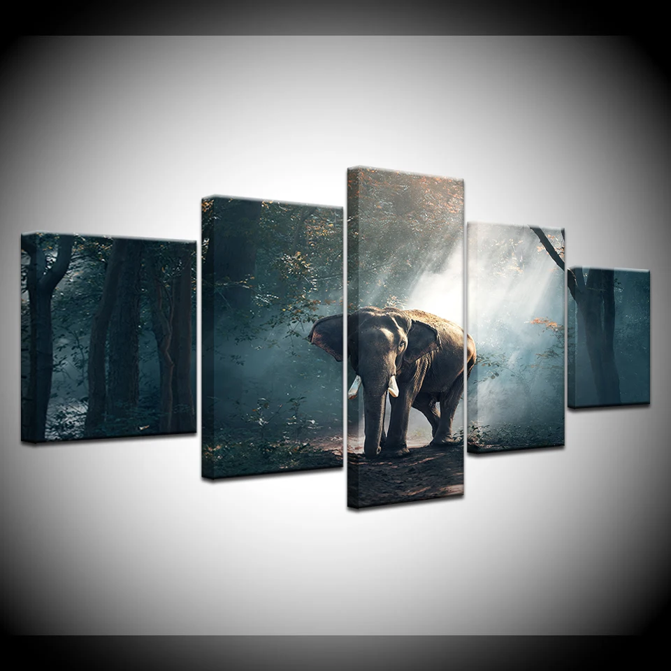 

Canvas Pictures Home Decor 5 Piece Walking Elephant Sunset Forest Scenery Painting Prints Poster Living Room Wall Art