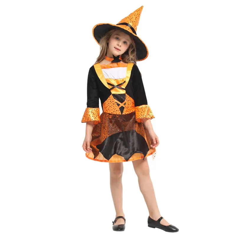 Lovely Orange Black Magic Witch Girl Costume Cosplay for Girls Child Halloween Carnival Party Mardi Gras Fancy Dress G-0303A |