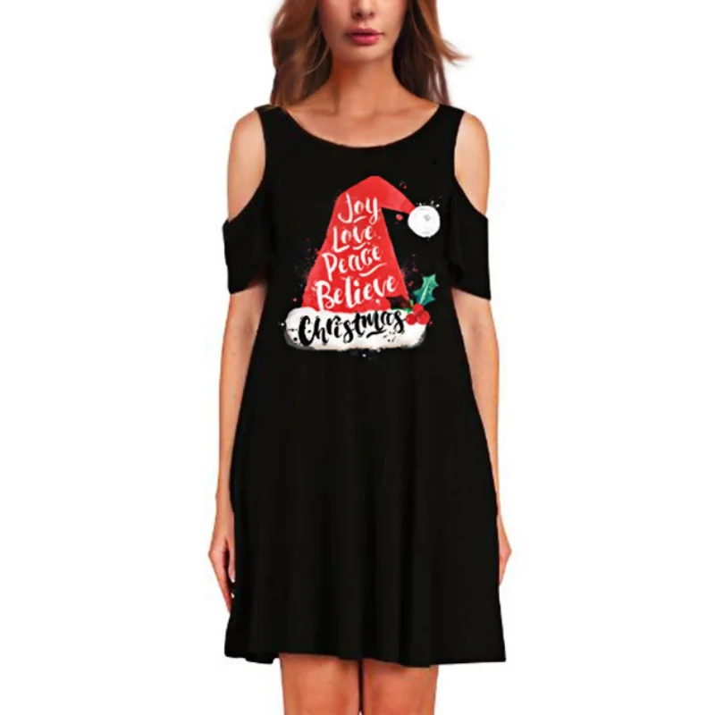 ChristmasFashion 3D Printe Christmas Dresses Women's Clothing New Year Loose Short Sleeve Black Off Shoulder Sexy Mini Dress | Женская