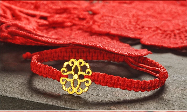 

Really 24K Yellow gold Hollow Flower Red Weave String Bracelet