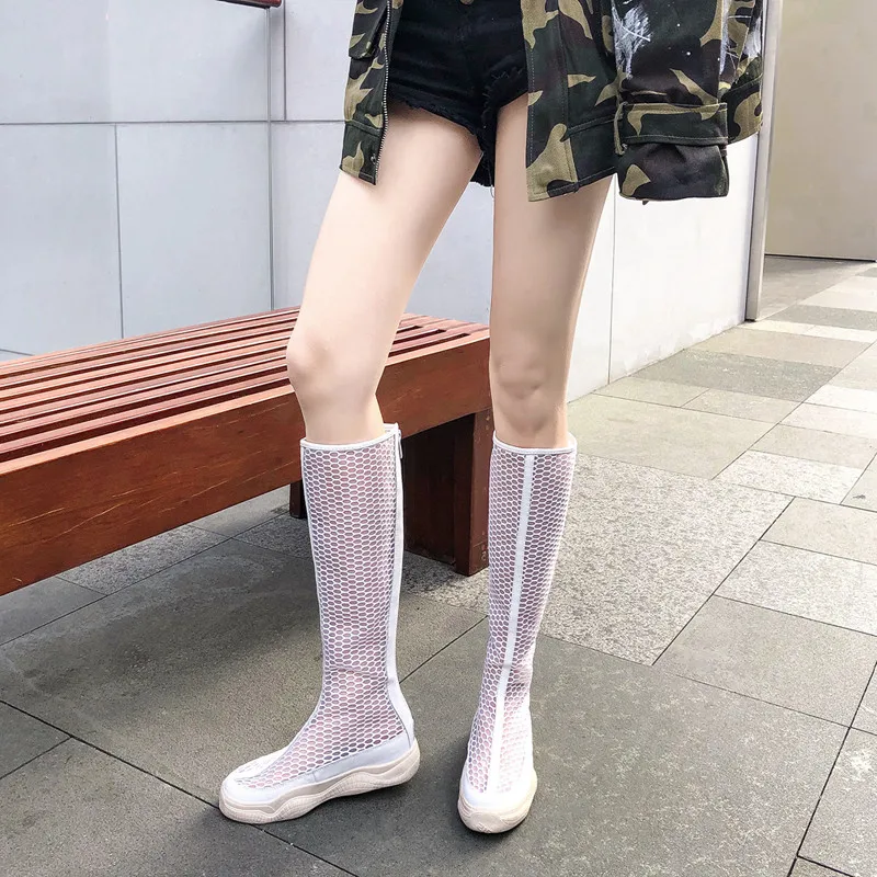 

MORAZORA 2020 new arrival knee high boots women pu +air mesh summer boots simple zip flat shoes woman fashion casual boots