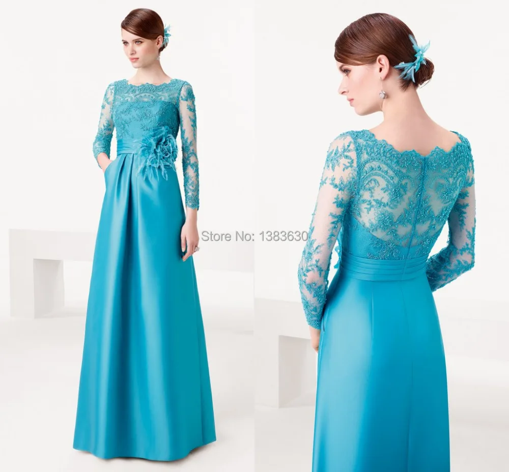 Vestido de Festa Charming Elegant Blue Satin Evening Dress 2015 New Design A-Line Long Sleeve Applique Flower Women Formal | Свадьбы и