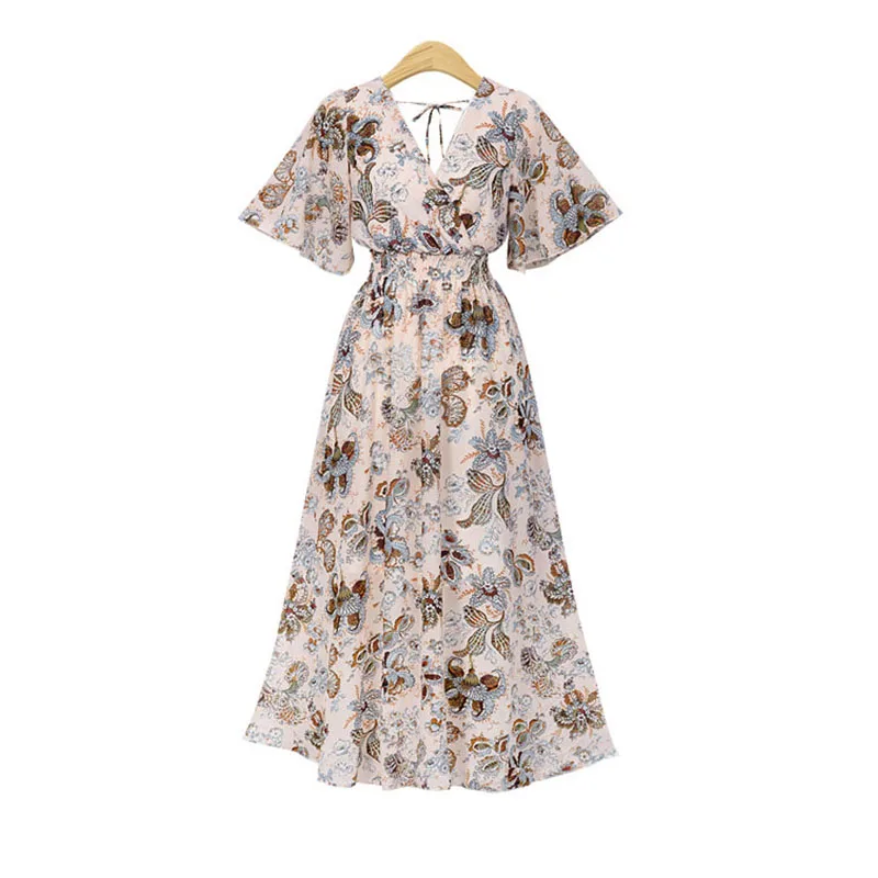 2019 Chiffon Floral Print Summer Dress Women Casual Tunic slim Sexy V Neck Long Female Elegant Bohemian Beach Party | Женская одежда