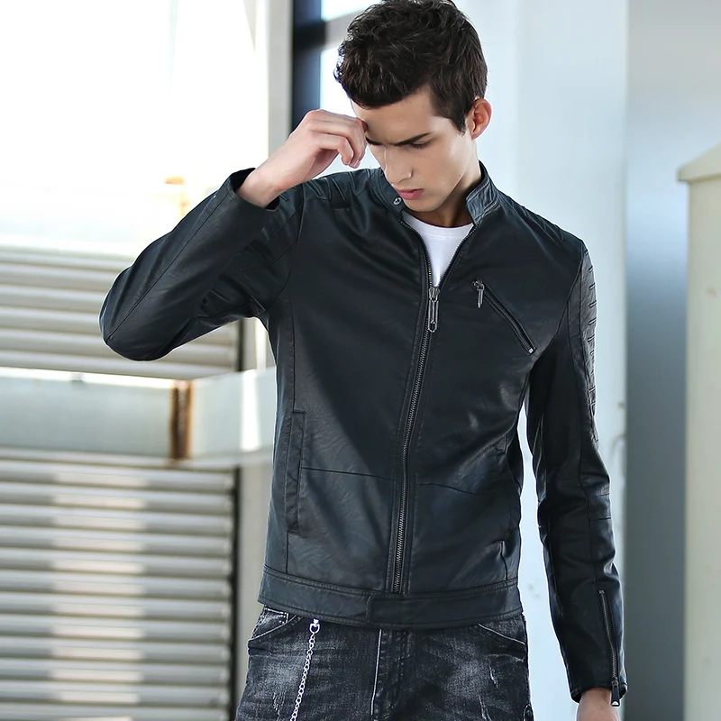 2018 Winter Men's Leather Jacket Men Slim Stand Collar Jaqueta Couro Bomber Male Top Locomotive Coats | Мужская одежда