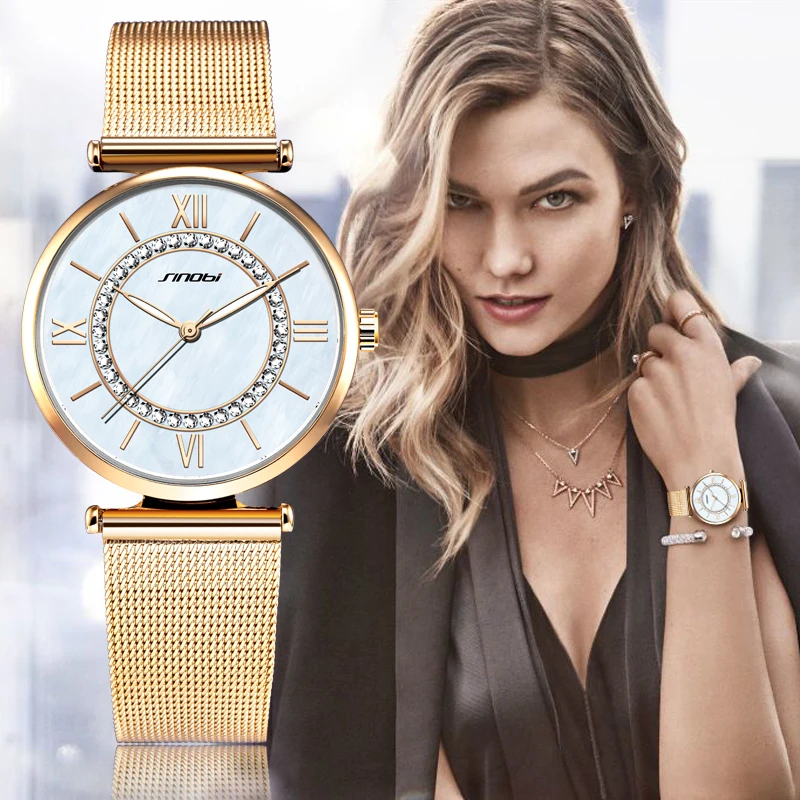 SINOBI Super Slim Gold Mesh часы из нержавеющей стали для женщин лучший бренд класса люкс