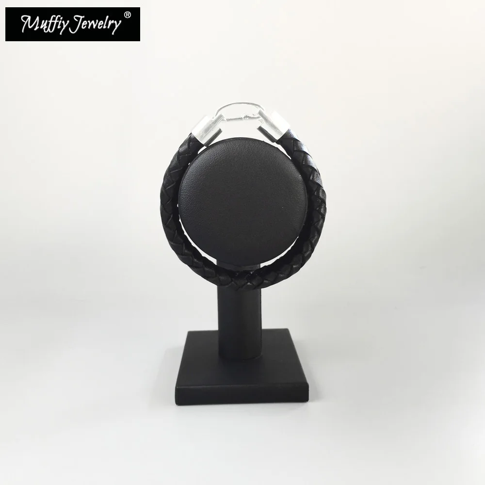 Черный плетеный кожаный браслет Блестящие модные ювелирные изделия для женщин в