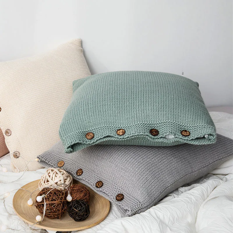 

DUNXDECO Cushion Cover Square Decorative Pillow Case Nordic Simple Plain Knitting Wood Button Throw Warm Room Bedding Coussin