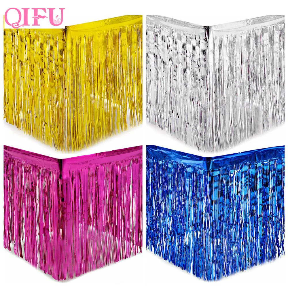 

QIFU Gold Foil Fringe Table Skirt Metallic Tinsel Curtain Silver Tassel Garlands Wedding Party Decoration Birthday Party Decor