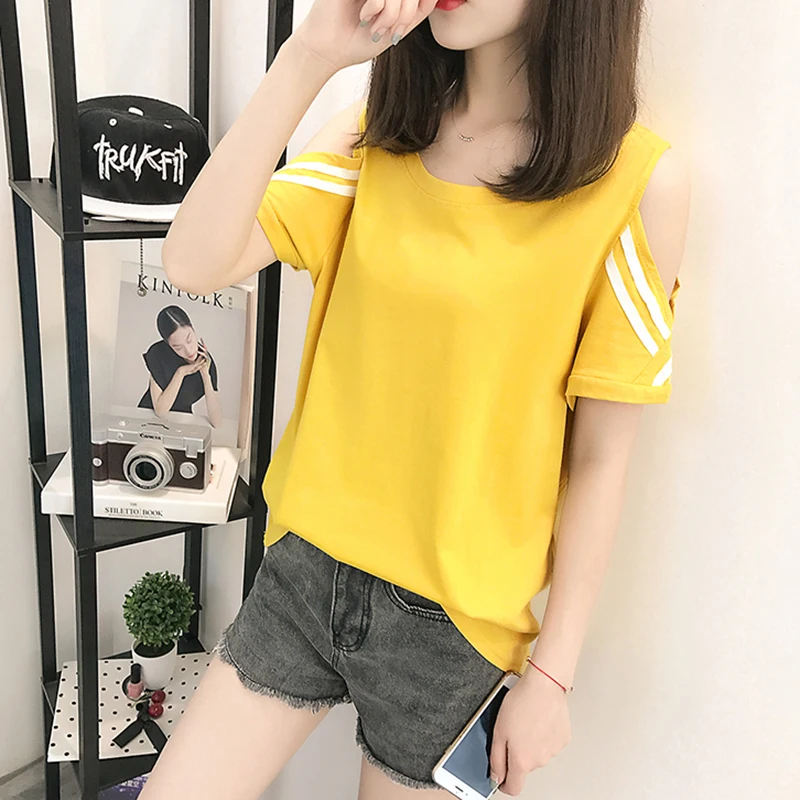 Femme Топы 2018 лето новая модная футболка женская кружевная открытая с коротким
