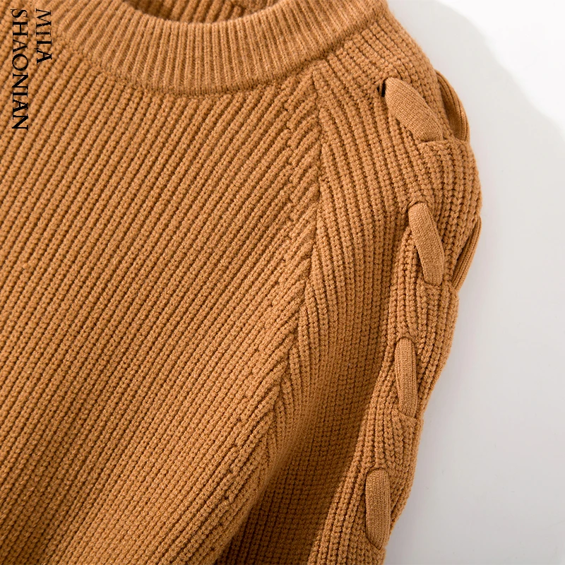 Autumn Casual Pullovers Sweater Women Lace Up Tops O-neck Long Sleeves Solid Weave Ribbons Essential Jumper Loose Sweaters 2018 | Женская