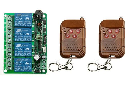 

DC12V 4CH 10A беспроводной пульт дистанционного управления, 1 приемник + 2 передатчика, код обучения, мгновенное переключение, отрегулированное