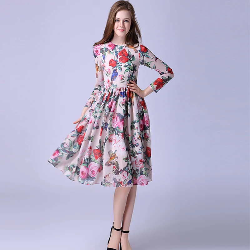 

Оригинальное летнее Новое Европейское модное женское платье выше колена с длинным рукавом с принтом роз и птиц