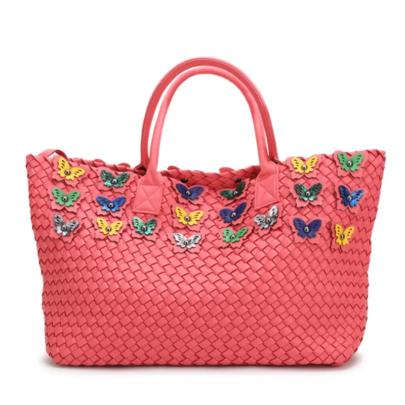 Знаменитости Женские плетеные кожа сумка с бабочкой большой ёмкость корзина
