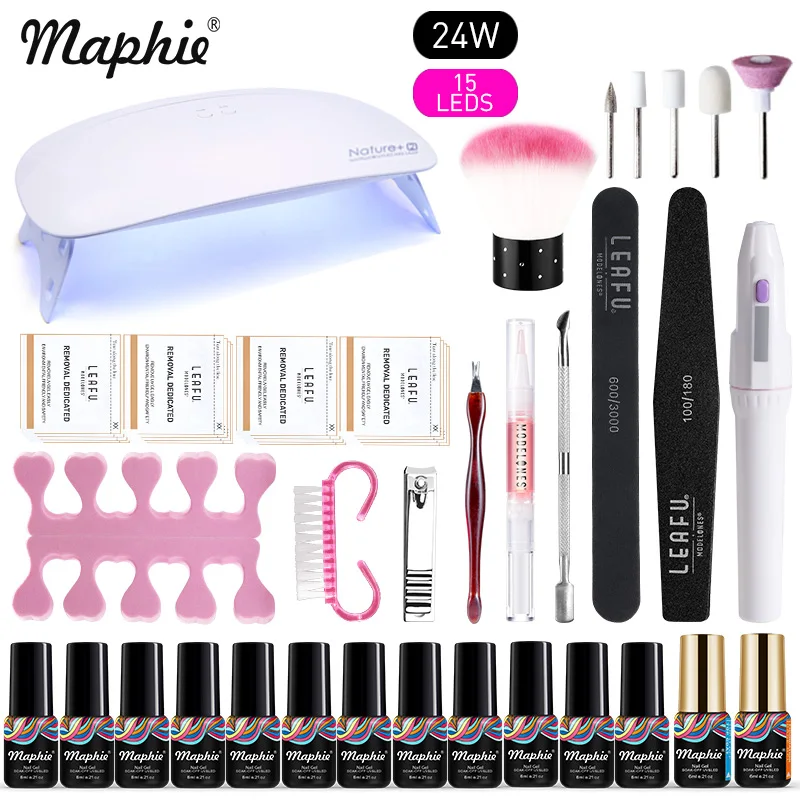Maphie УФ светодиодная лампа для дизайна ногтей маникюрный набор профессиональный УФ-гель для ногтей наборы 12 цветов гель лак основа верхнее покрытие наборы для ногтей - Цвет: 24W With Gel