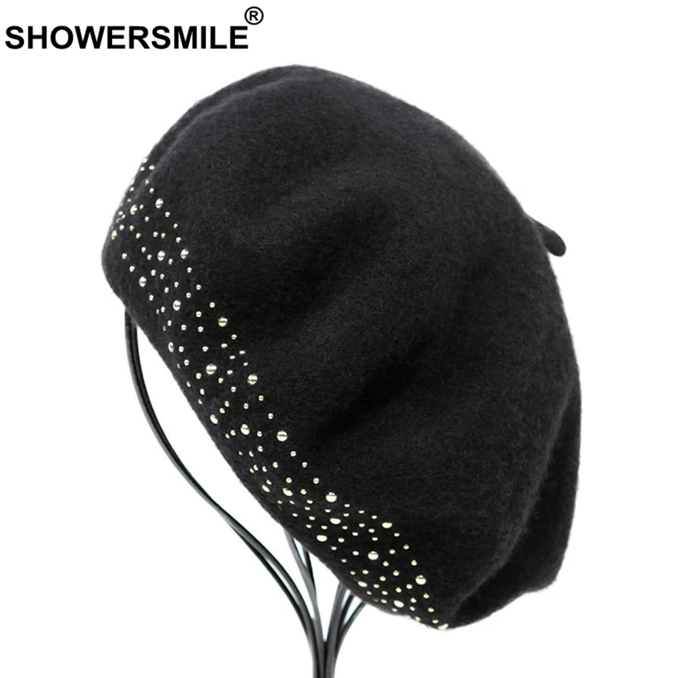 

SHOWERSMILE Black Beret For Woman Woolen Artistic Hats Ladies Rivet Fashion Soft French Berets Female Wool Winter Painters Caps