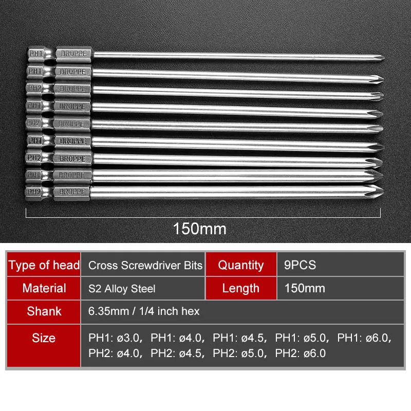 

9pcs 150mm Long Magnetic Hex Screwdriver Bit Set Magnetic Philips Screwdriver Set 1/4 Inch 6.35mm Shank S2 Alloy Steel