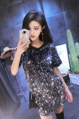 black silver Cakucool, новое платье с коротким рукавом, круглый вырез, блестящее, серебряное, расшитое блестками, короткое, Vestido, шикарное, свободное, тонкое платье, Mujer Vadim, черное - Цвет: black silver