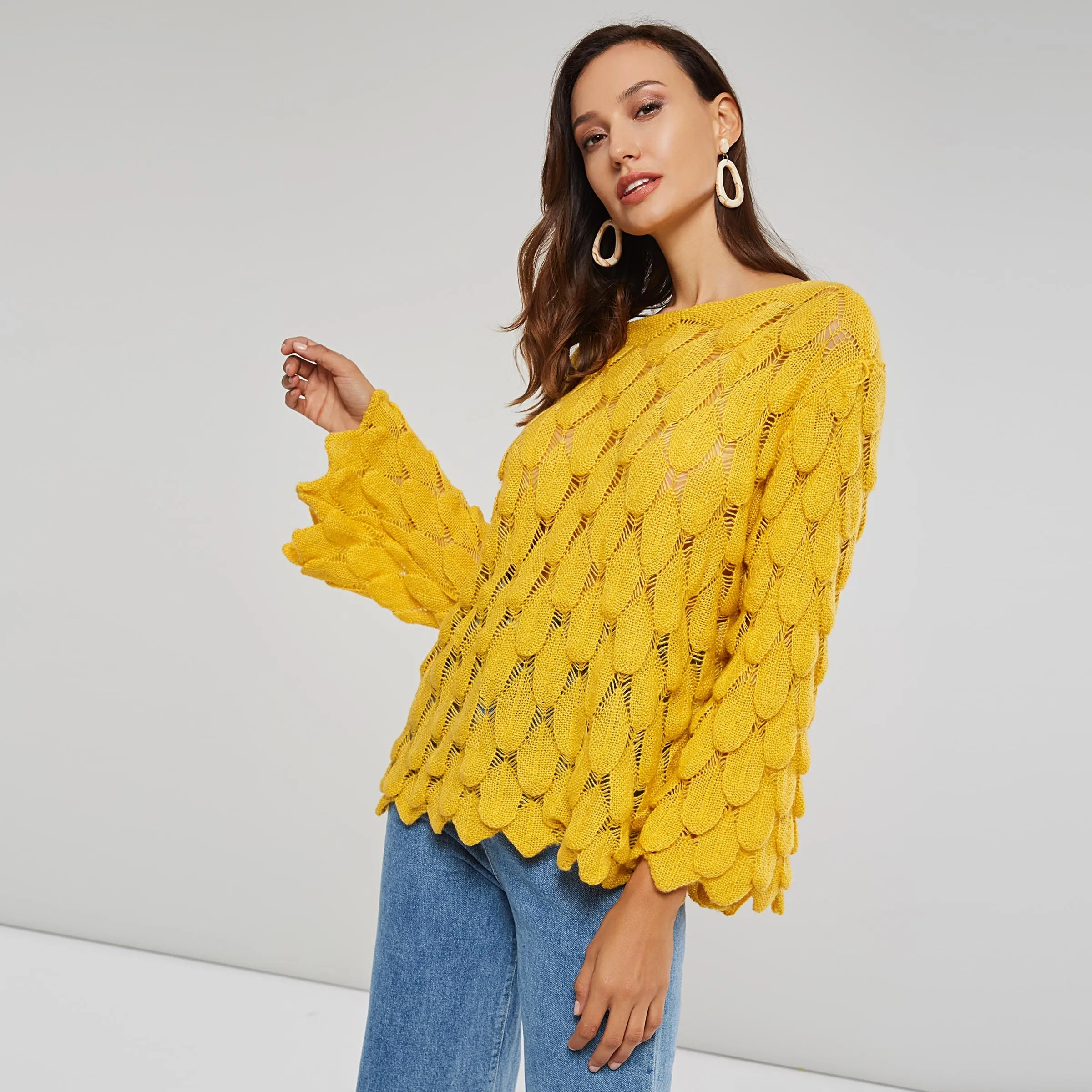 Women Sweater Pullover Fashion Plain Yellow Elegant Loose Scoop Neck Harajuku Pull Hollow Boho Casual Knitted | Женская одежда