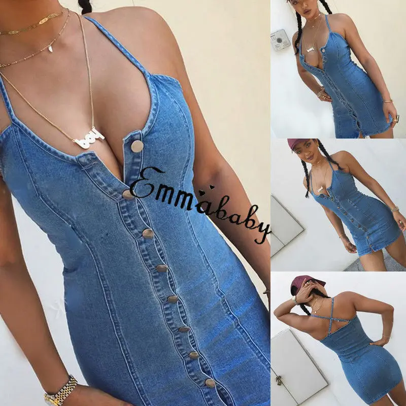 Женское летнее джинсовое мини платье без рукавов облегающий джинсовый сарафан