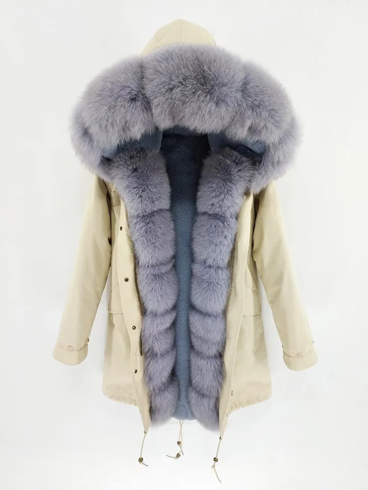 gray fur Непромокаемая Длинная зимняя парка Куртка женская Меховое пальто Воротник мех лисы Теплая уличная мода новая - Цвет: gray fur