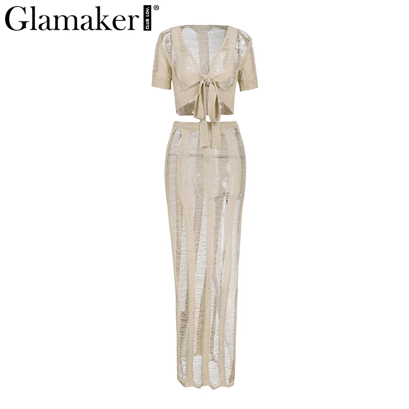 Glamaker, белое, с вырезами, сексуальное платье для женщин, с бантом, с бахромой, прозрачное, макси, Пляжное платье, длинное, из двух частей, костюм, облегающее платье