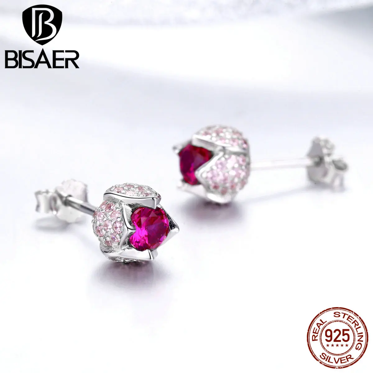 BISAER,, 925 пробы, Серебряная роза, бутоны тюльпанов, Орхидея, серьги-гвоздики для женщин, кубический циркон, серьги, ювелирное изделие EFE042