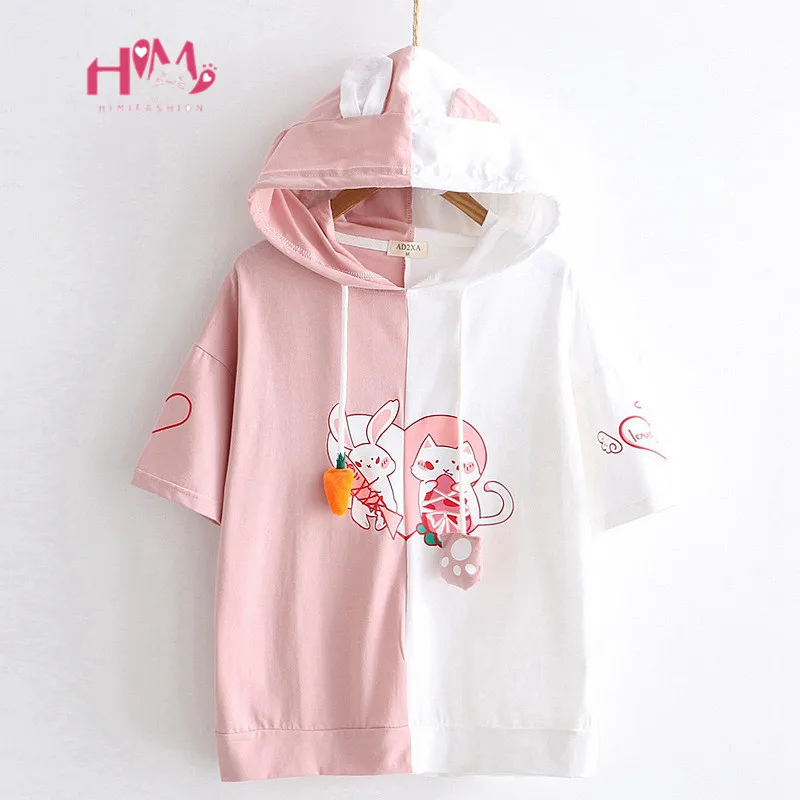 Mori Girl Cute Anime Lovely Rabbit Pink T-shirt Women Japanese Kawaii Heart Cat Pullover Tops Harajuku Bunny Graphic Female Tees