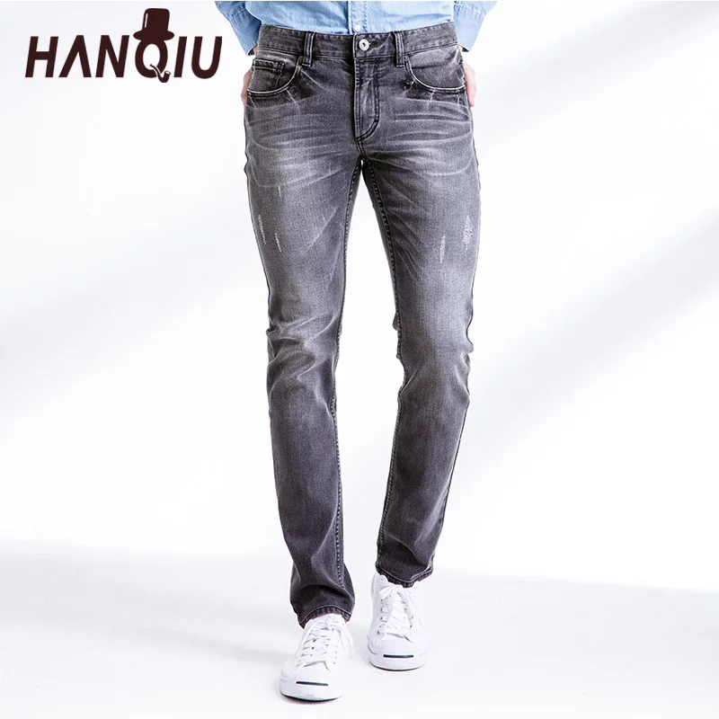 HANQIU 2017 Jeans Men New Arrival Cotton Brown Stripe Strechy Solid Silm Fit Mid-Waist Soft Fashion Male Bottoms