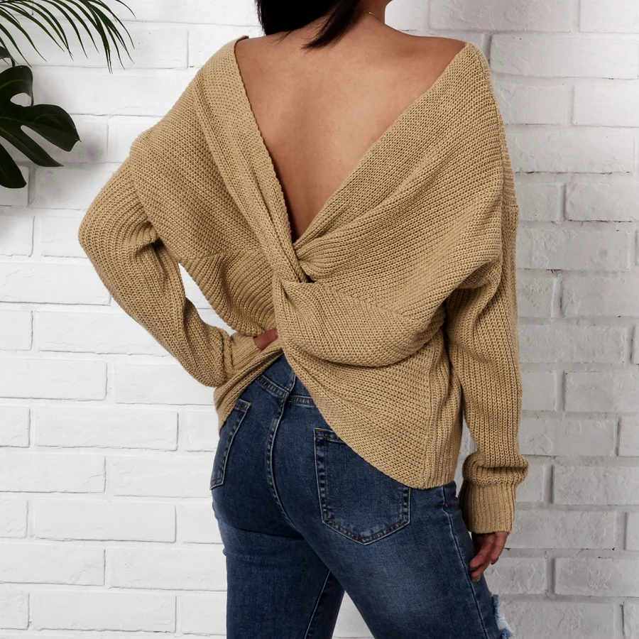Sexy Criss Cross Backless Knitted Sweater Women 2018 Autumn Winter Fashion Long Sleeve Loose Pullovers Oversized Khaki | Женская одежда