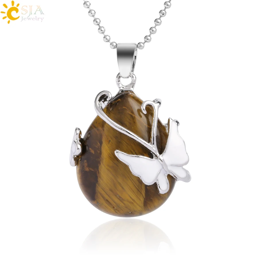 Tiger Eye Chain CSJA капли воды натуральный камень кулон розовый кварц фиолетовый кристалл тигровый глаз бабочка цветок Подвески ожерелье для женщин мужчин G082 - Окраска металла: Tiger Eye Chain