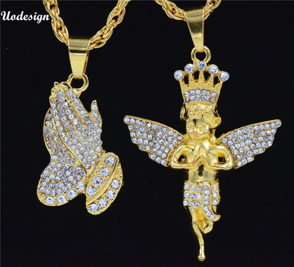 

2PCS/lot Iced Out Hiphop Prayer hand Angel Necklace&Pendant Hip Hop Gold Colors Long Chain Necklace for Men Women Bling Jewelry