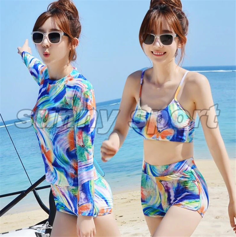 

Korean woman three piece swimsuit split long sleeved boxer bikinis beach sport surf snorkeling swimming suit