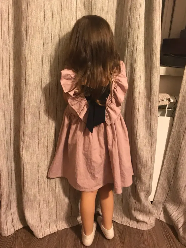 Dusty Pink Baby Girl Dress Ruffle Collar Children Clothes Backless Kids Summer Girls with Bow Cute Toddler | Детская одежда и