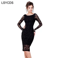 lsycds elegant lace sheath dress o neck full sleeve knee length white black party work office wear bodycon women clothing b010