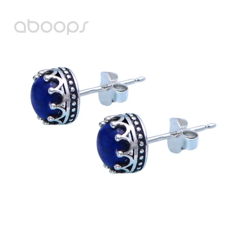 Small 925 Sterling Silver Crown Stud Earrings with Lapis Lazuli for Women Girls,7mm,Free Shipping