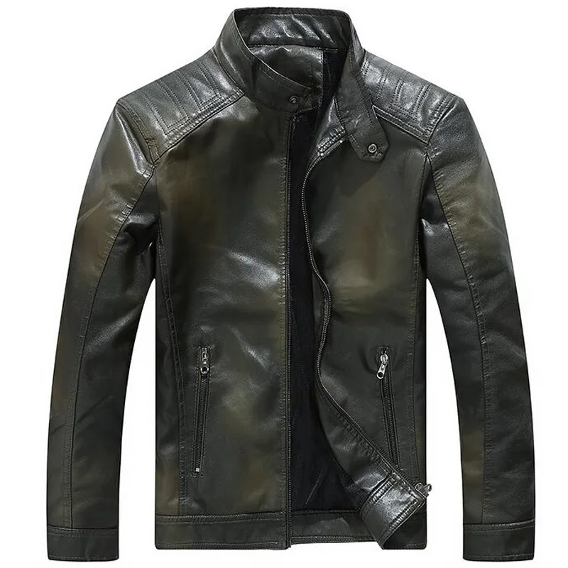dark green Кожаная куртка мужская мода Стенд воротник флисовые пальто chaqueta cuero hombre мужские s Повседневный из кожзаменителя мотоциклетные байкерские куртки - Цвет: dark green