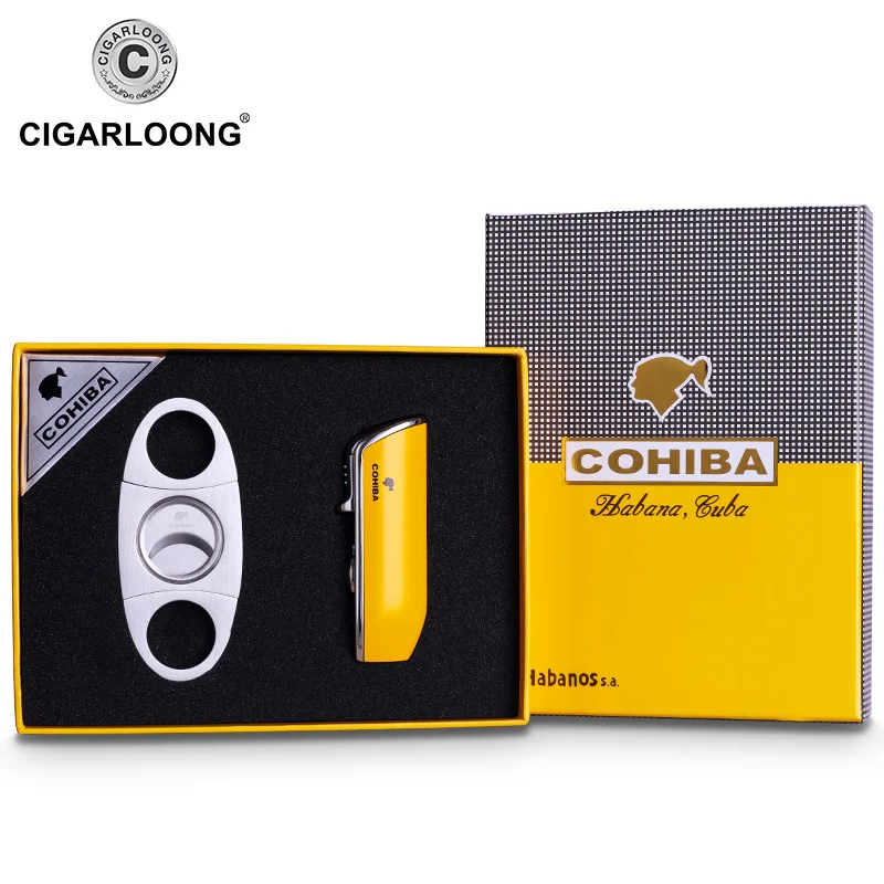 50 шт./партия COHIBA обрезки сигар бутан 3 Факел реактивная зажигалка с резак для сигар удар аксессуары ветрозащитная зажигалка