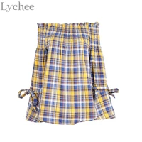lychee spring women blouse plaid flare sleeve off shoulder elastic casual loose shirt sexy tops