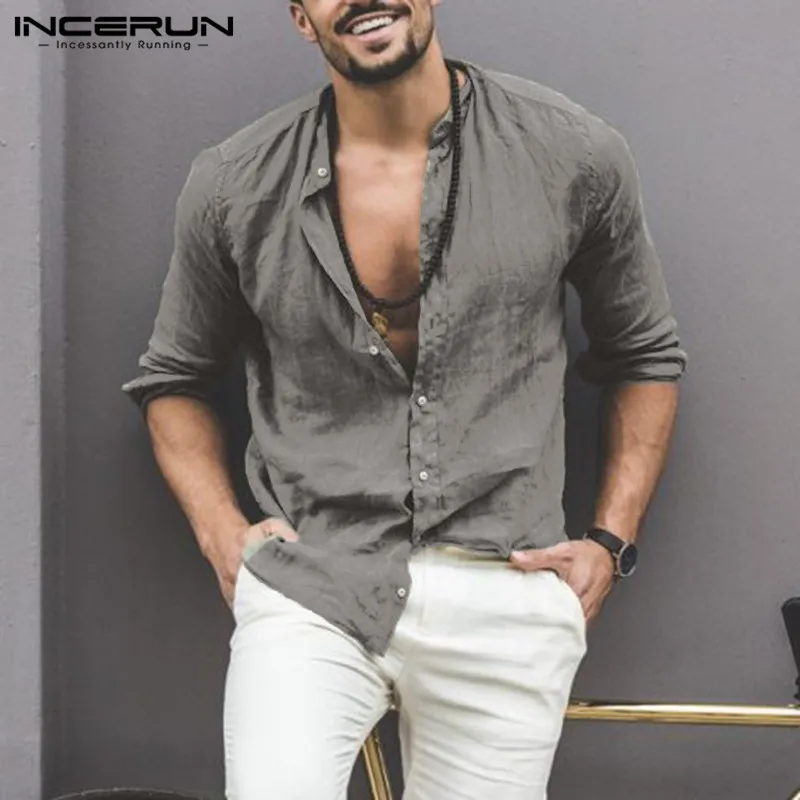 INCERUN Новая мужская рубашка воротник-стойка с длинным рукавом простая Camisa Masculina Уличная Повседневная шикарная Свободная рубашка мужская плюс размер