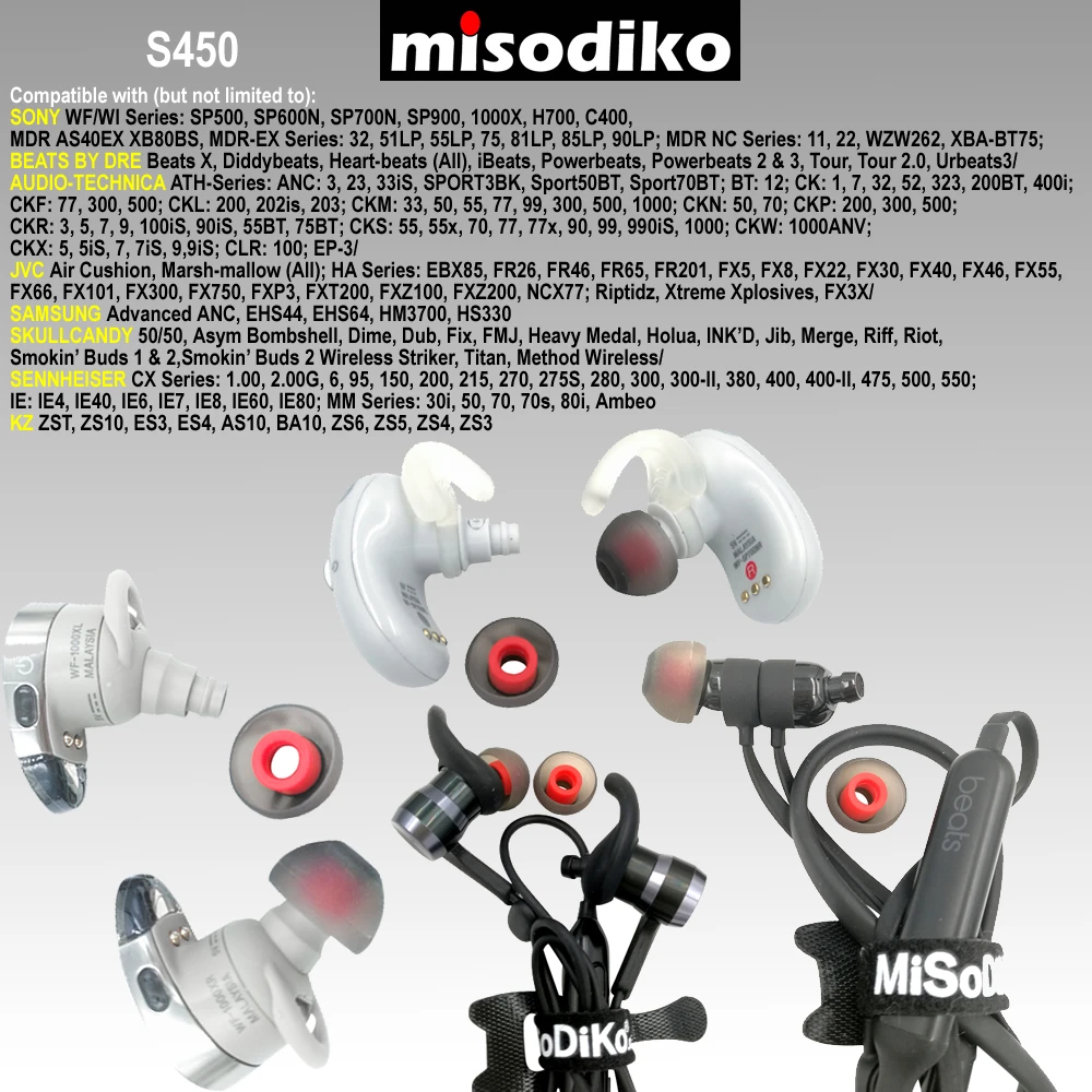 Misodiko S450 силиконовые наушники-капельки ушные вкладыши для Beats X, Powerbeats/Skullcandy Smokin' почки Ink 'd метода/KZ AS10 ZS10 Знч ZSN