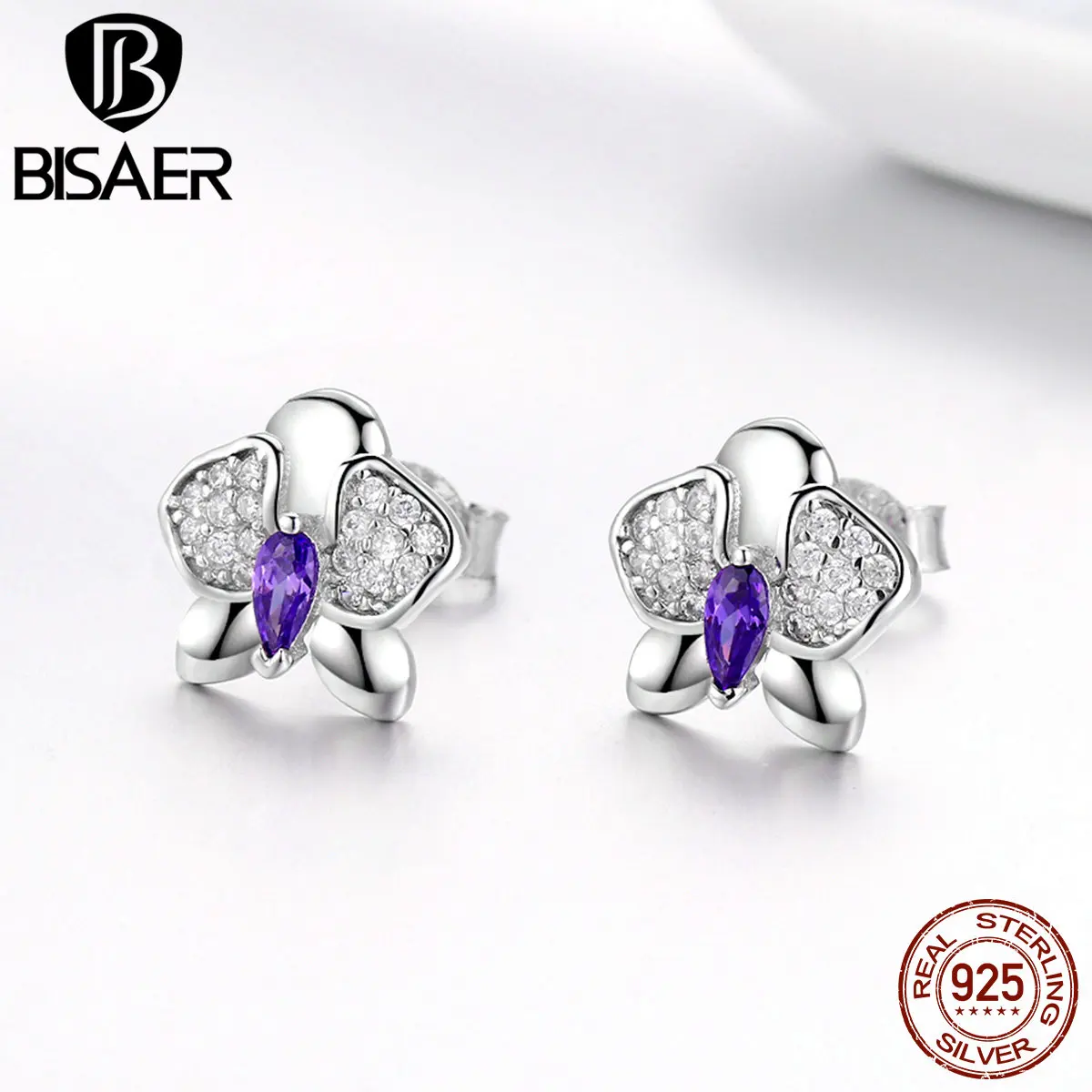 BISAER,, 925 пробы, серебряные серьги-гвоздики с бабочкой для женщин, маленький цветок орхидеи, циркониевые модные серьги, ювелирные изделия EFE036