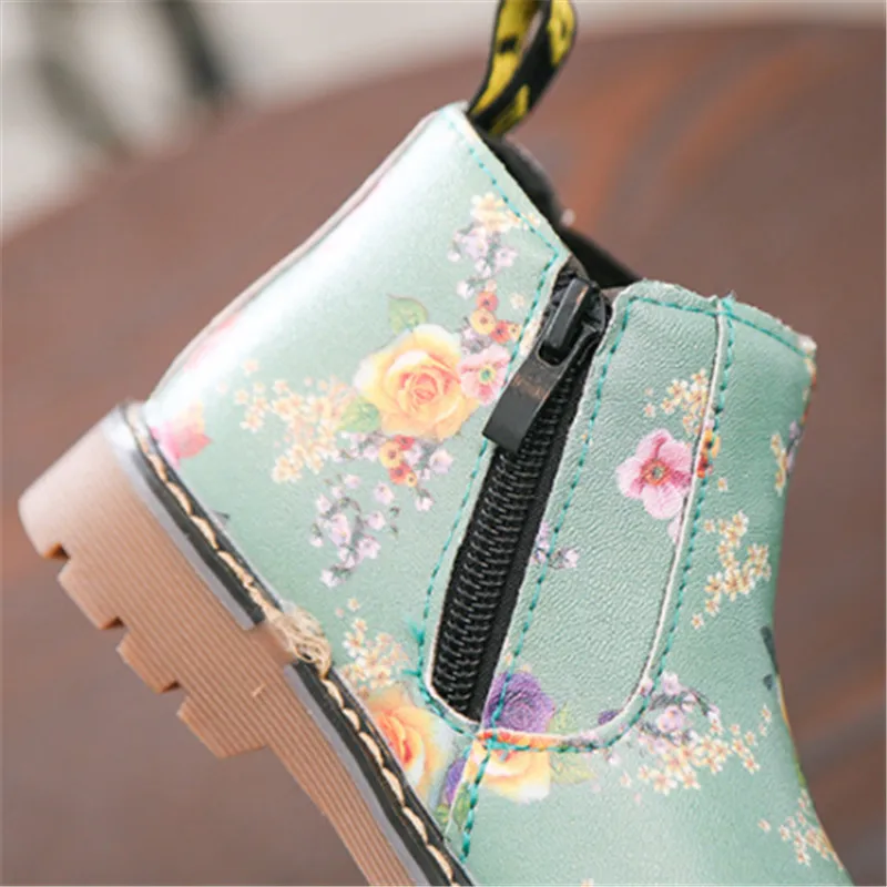 2018 зимняя детская обувь из искусственной кожи ботинки мартинсы с цветами детские