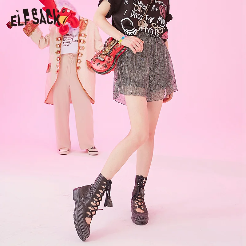 Женские шорты ELFSACK свободные сетчатые в горошек со шнуровкой Летняя женская