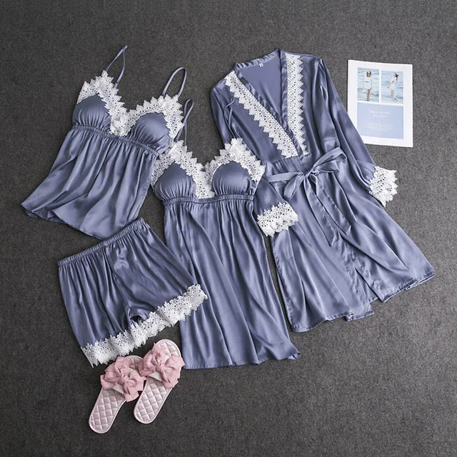 75 blue gray 4 piece Атласная пижама с подушками на груди, сексуальные женские пижамные комплекты, кружевная Пижама для сна, комплект из 4 предметов, элегантная домашняя одежда для сна - Цвет: 75 blue gray 4 piece
