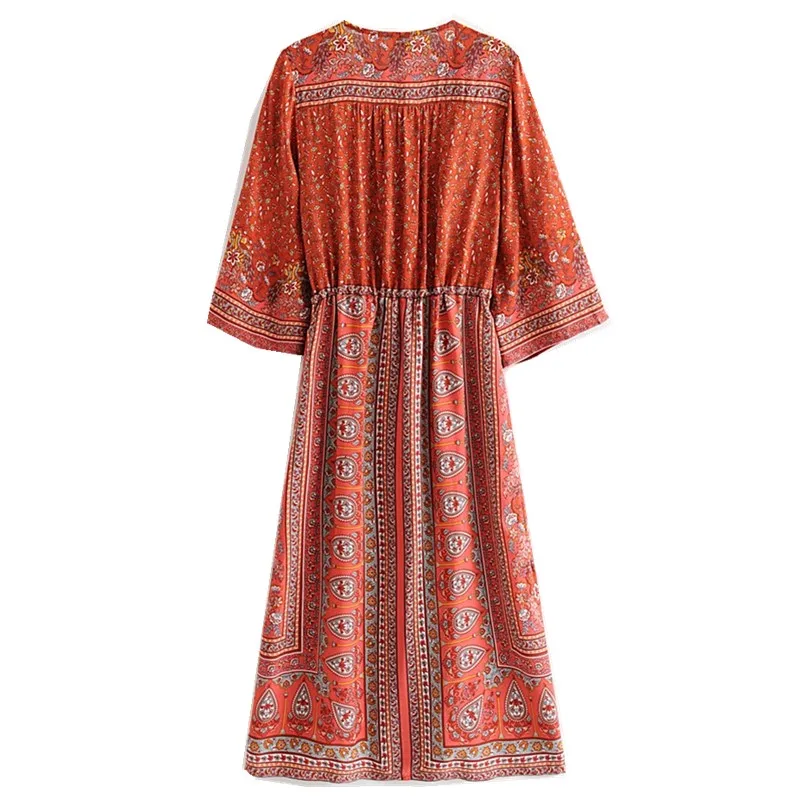 Женское платье с цветочным принтом BOHO длинное поясом на кнопках в этническом