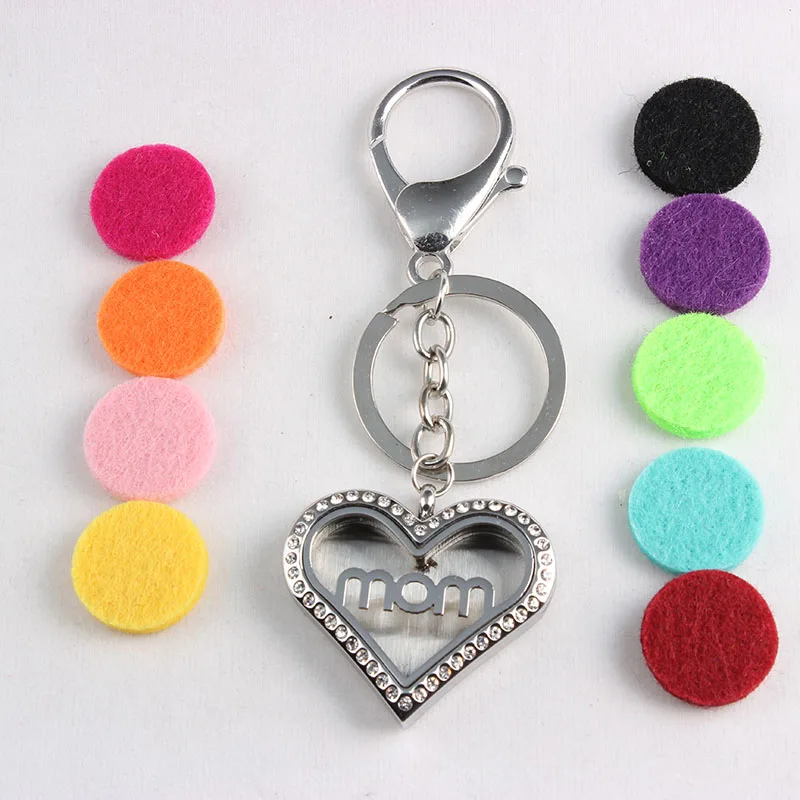 

Heart MOM Stainless Steel Perfume Locket Keychains Aromatherapy Essential Oils Diffuser Locket Keychains With Crystal 5PCS