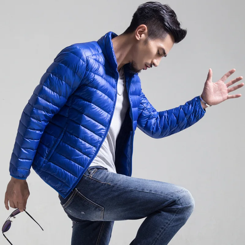 

2019 Autumn Winter mens White duck down jacket outdoor light and thin Solid color down coat male slim Stand collar zip outwear